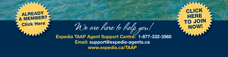 We are here to help you! Expedia TAAP Agent Support: 1-877-332-3560 Email: support@expedia-agents.ca  www.expedia.ca/TAAP